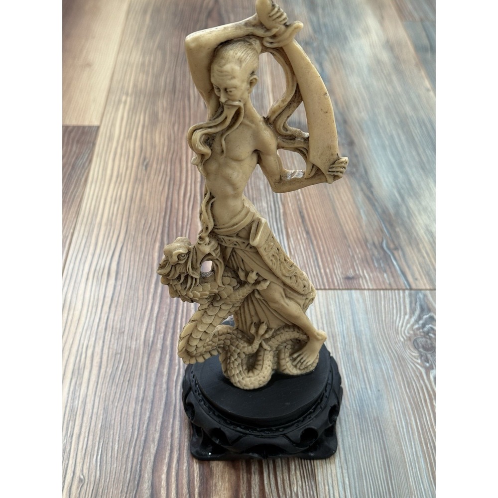 Vintage Chinese Immortal Wise Man & Dragon Faux Ivory Resin Statue 12" Figurine